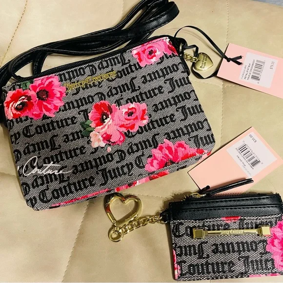 Juicy Couture Black and Pink Floral Crossbody Bag & Card Case - Picture 1 of 4